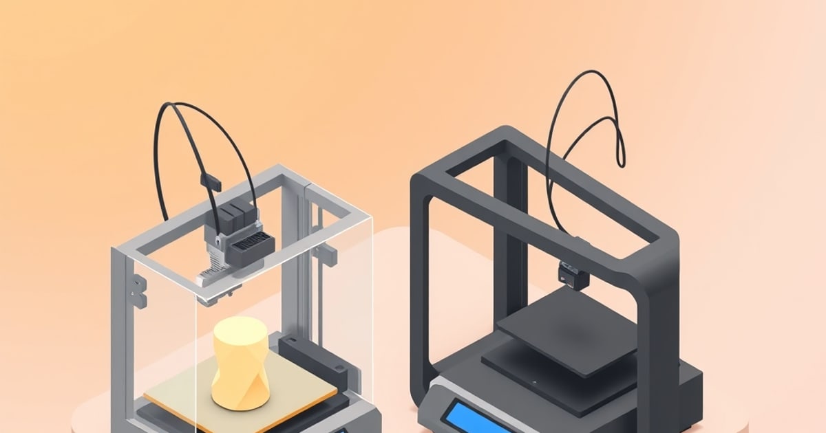 Flat isometric illustration of two 3D printers on a peach background: a glass-sided one printing a yellow vase and a larger open-frame one with an empty bed.