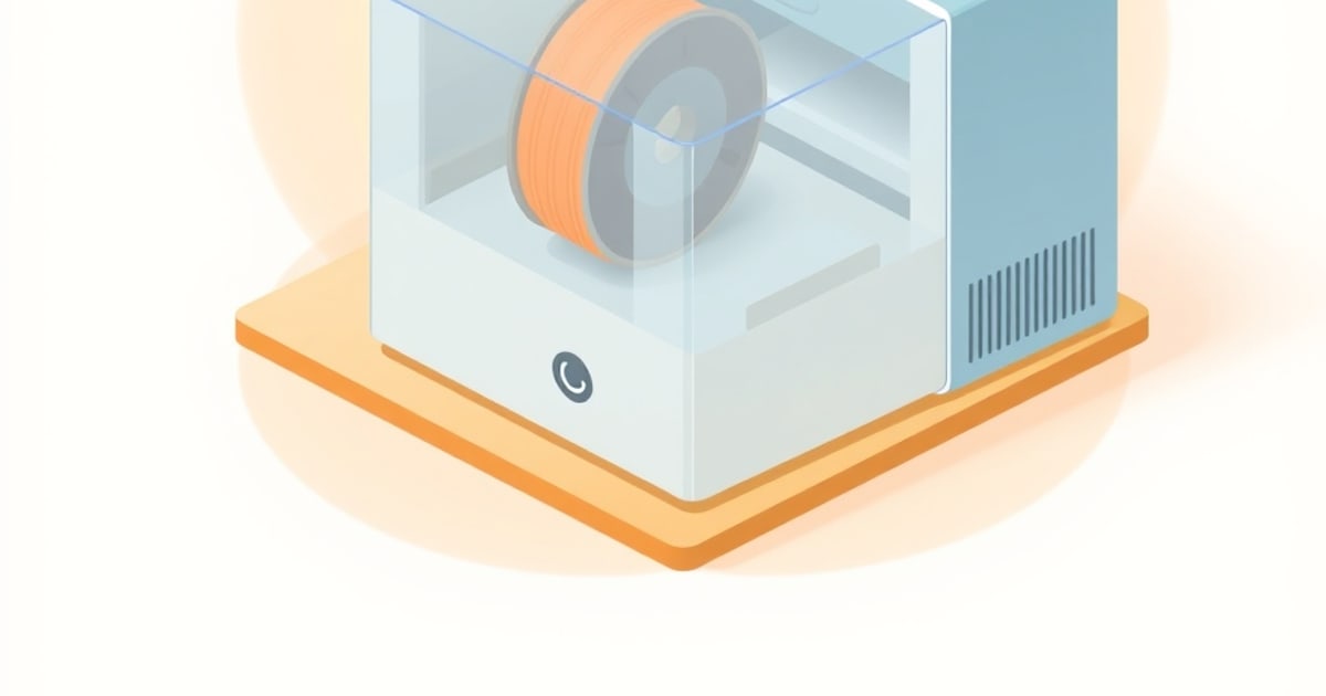 Isometric illustration of an enclosed filament dryer box with a translucent lid, orange filament spool inside, side vents, and a control dial on an orange base