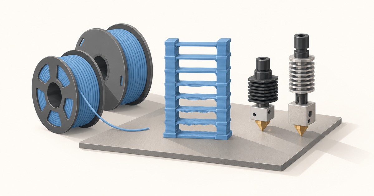 Two spools of blue PETG filament beside a blue printed temperature tower and two hotends with brass nozzles on a gray build plate.