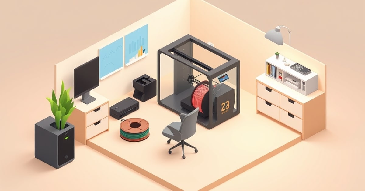 Isometric 3D printing workspace with a desktop printer, a large spool of red and white filament, a monitor, stools and potted plants