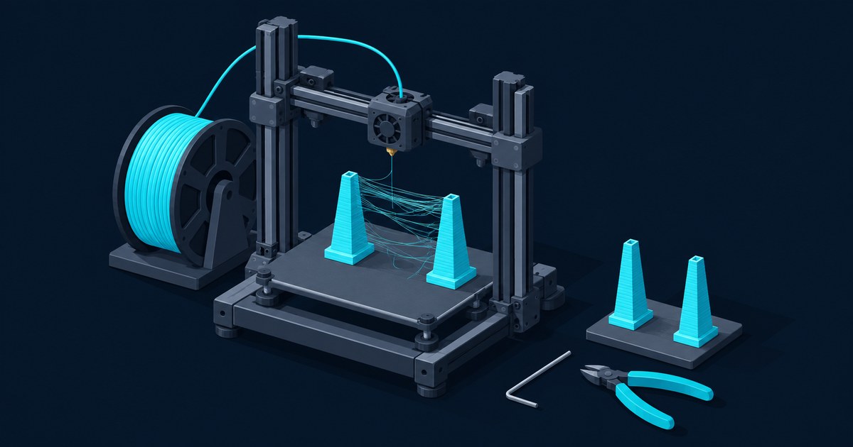 3D printer with a cyan filament spool printing two towers with wispy strings between them, next to a clean tower test print, hex key and flush cutters.