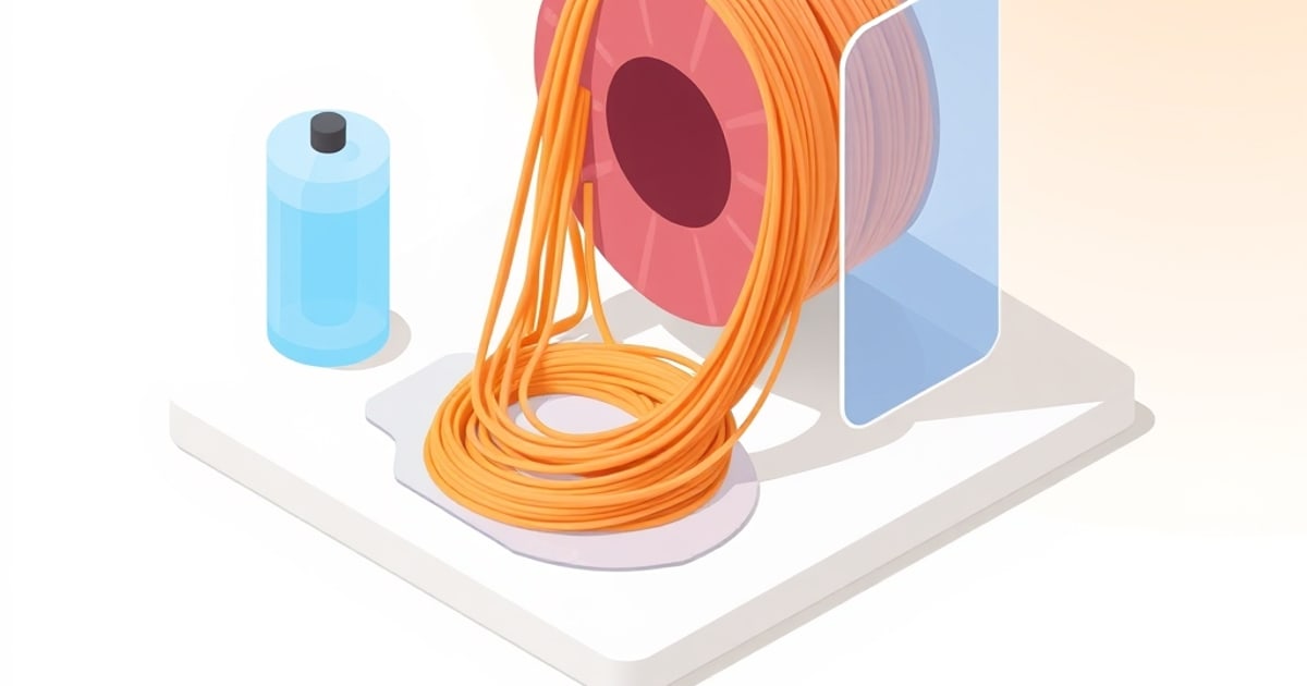 Isometric drawing of a red spool of orange 3D printer filament unwinding onto a white platform, next to a blue bottle and a translucent blue panel.