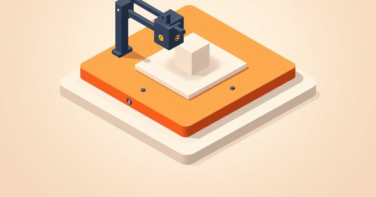 Flat isometric illustration of an orange 3D printer bed on a cream slab, with a navy gantry and print head above a white calibration cube.