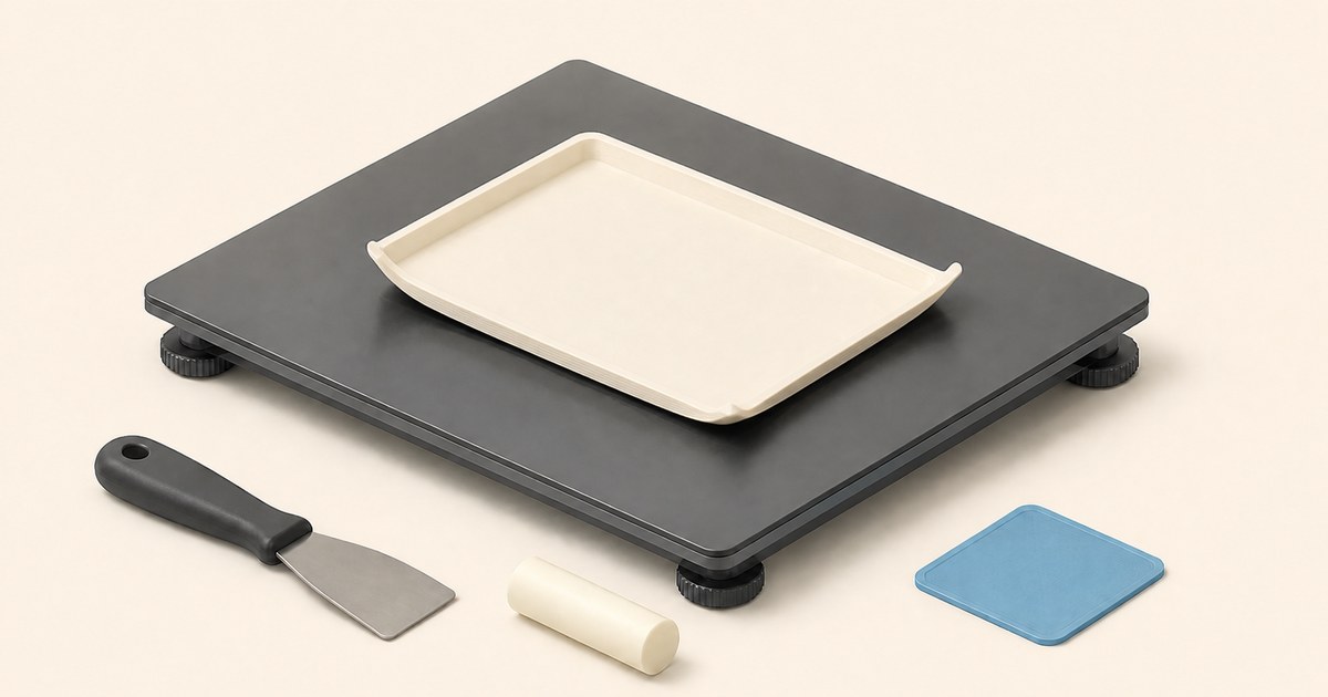 A dark isometric print bed with leveling knobs holds a rectangular plastic sheet with curled-up corners, beside a metal scraper, glue stick and blue adhesive pad.