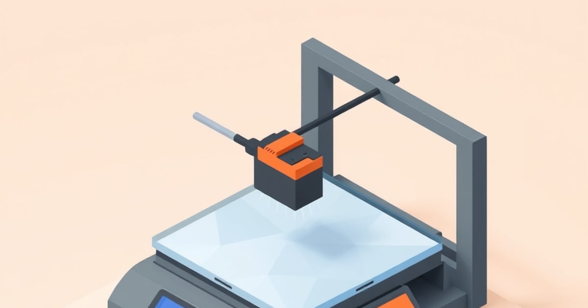 Flat isometric illustration of a grey 3D printer gantry with an orange print head extruding thin white strands onto a pale blue glass build plate.
